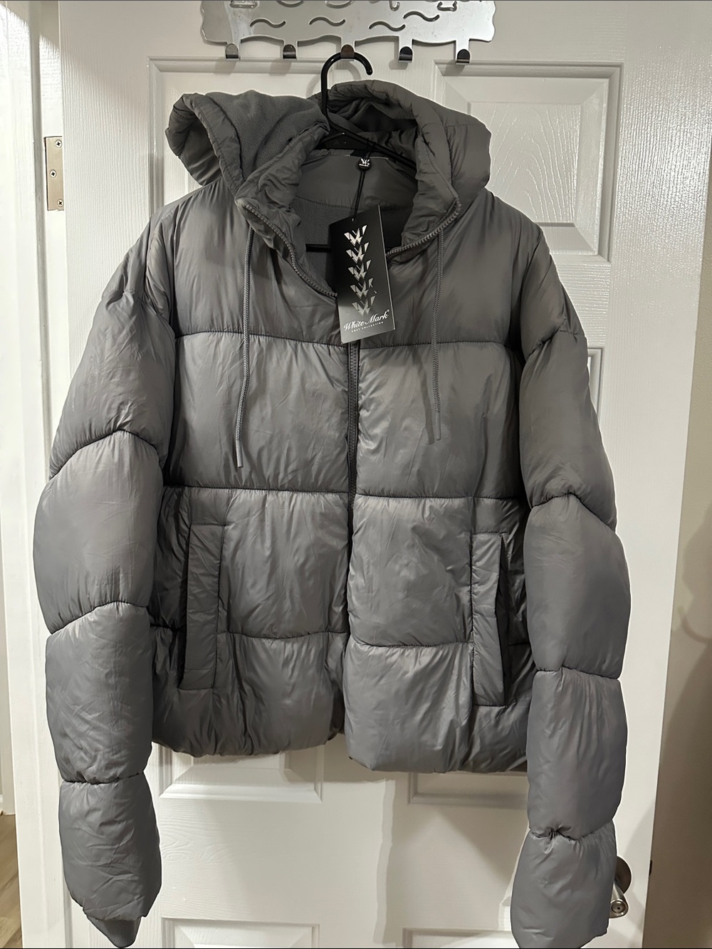 White Mark Gray Hooded Puffer Jacket